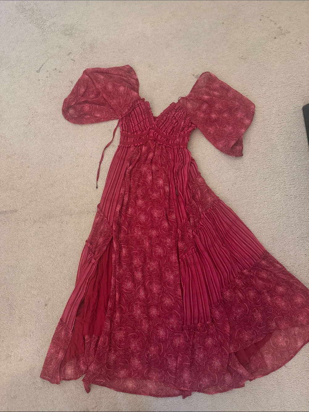 Free People Crimson Boho Maxi Dress with Puff Sleeves